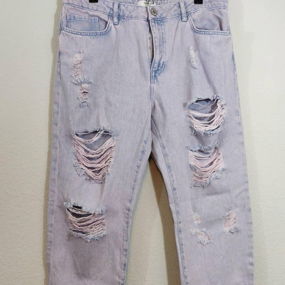 Faded Pink Distressed Denim Boyfriend Jeans - Picture 3 of 8